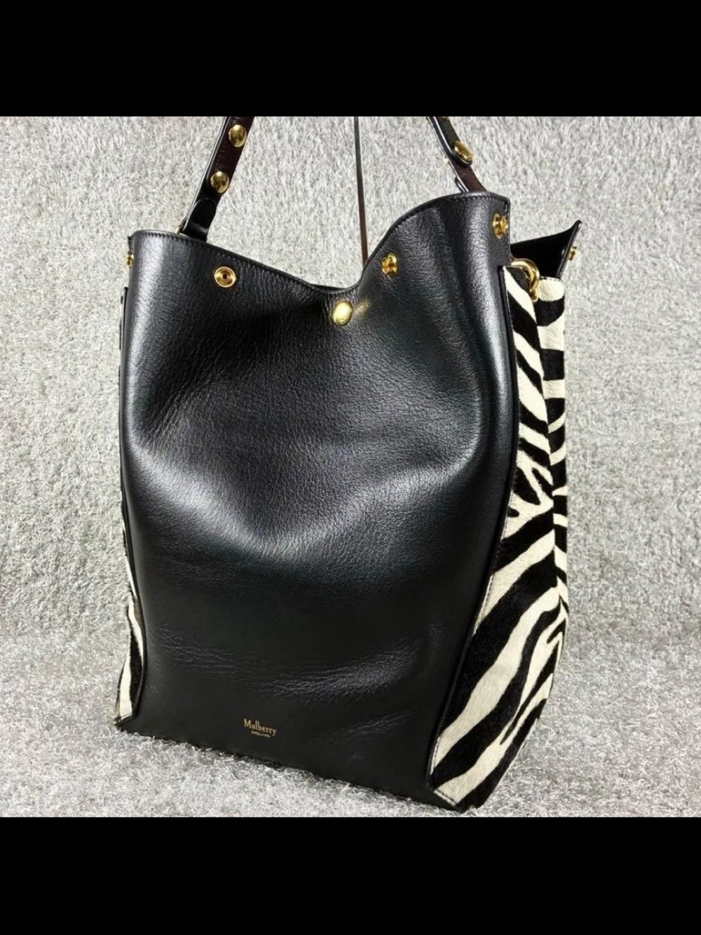 Mulberry Black Leather Shoulder Bag with Zebra-Print Panels